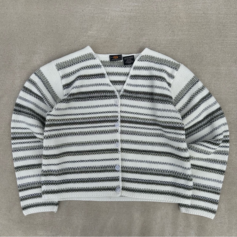 Route 66 Striped White and Olive Women's Cardigan Sweater